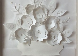 Rosebowl, mixed cut papers, beads, 19" x 22", framed