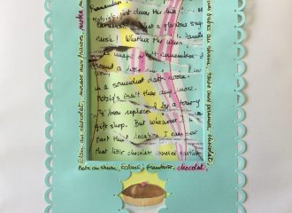 Chocolat, dimensional cut paper assemblage, watercolor, stitching