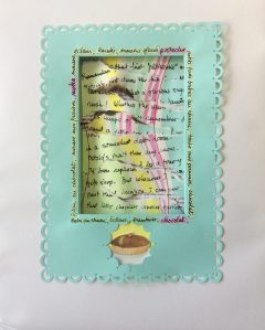 Chocolat, dimensional cut paper assemblage, watercolor, stitching