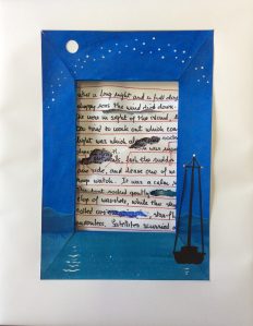 Overnight Watch, dimensional cut paper assemblage, gouache, stitching