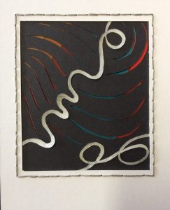 Tangle 4, Slashed Black and Silver, layered cut papers, thread
