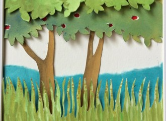 Genesis, Day 3 (creation of trees, fruits and grasses), layered and painted paper collage, 4.5"x4.5", framed