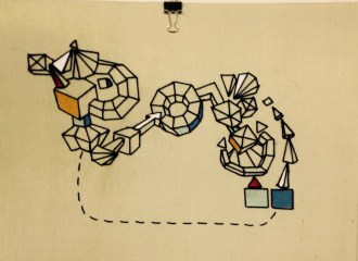 Space Machine Black thread, mixed papers, nylon gauze, 20"x16", framed