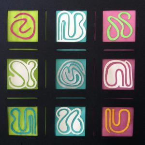 Glyphs, layered mixed and cut papers,12" x 12"