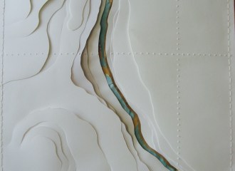 Arroyo, layered papers, thread 19" x 19", framed