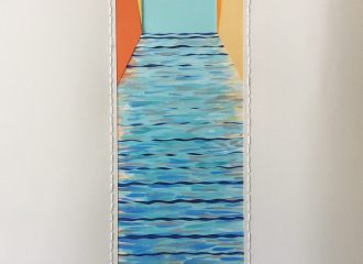 Canal, mixed paper assemblage, watercolor, thread.