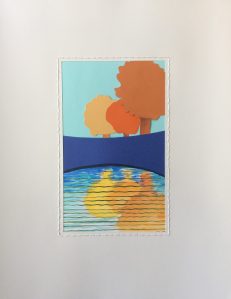 Pond, layered cut and painted paper, thread.