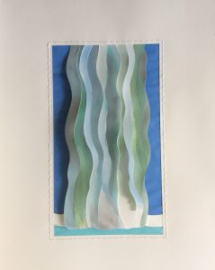 Waterfall, dimensional cut papers, watercolor, thread
