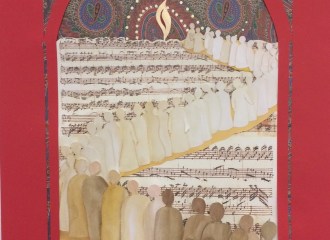 "Road to Sanctuary", cut and layered papers, 11" x 14.5"